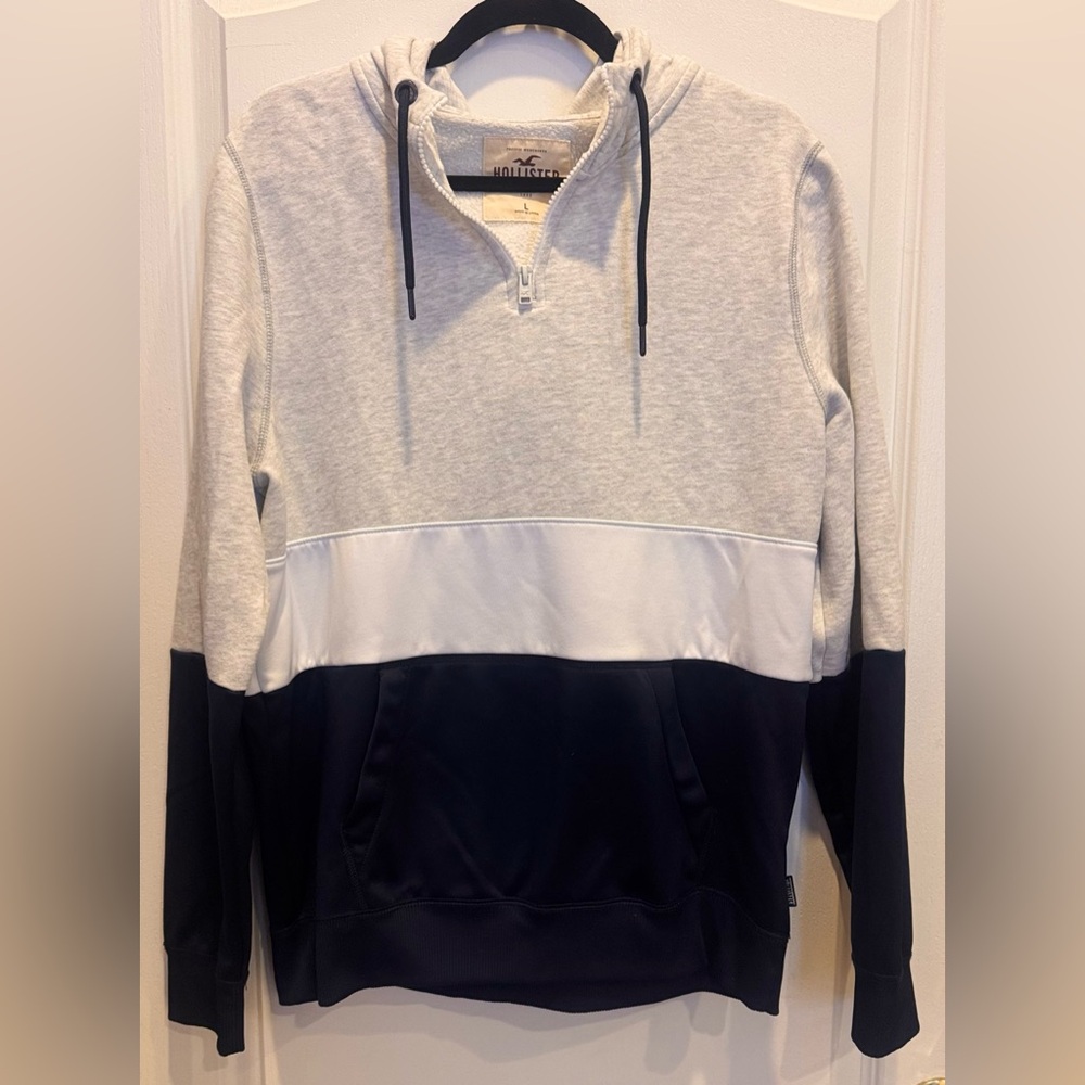 HOLLISTER Cotton Blend Color Block 1/4 Zip Hoodie Pullover Gray White Navy L